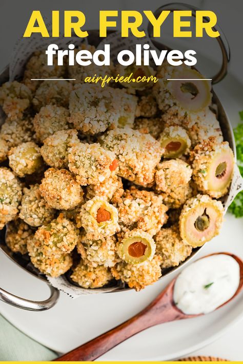 Air Fryer Fried Olives Fried Olives Air Fryer, Deep Fried Olives Recipe, Fried Olives Pioneer Woman, Air Fry Breaded Mushrooms, Breaded Mushrooms In Air Fryer, Green Olive Dip, Fried Olives, How To Cook Greens, Fried Green Beans