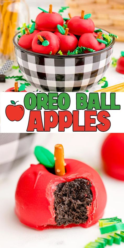 Fun no bake apple Oreo balls for back to school or the fall! Apple Oreo Balls, Back To School Deserts, School Themed Desserts, Fall Oreo Balls, Fall Bakesale Treats, Ball Shaped Desserts, Bake Sale Ideas Fall, Fall No Bake Treats, Fall Bake Sale Treats