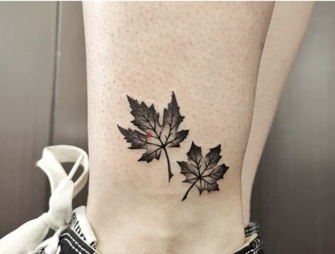 Autumn Leaves Tattoo Design, Maple Leaf Tattoo Black And White, Maple Tattoo Leaf, Simple Fall Tattoos, Autumn Leaves Tattoo Black, Fall Leaves Tattoo Black, Fall Tattoo Ideas Autumn Black And White, Small Autumn Tattoo, Fall Themed Tattoos