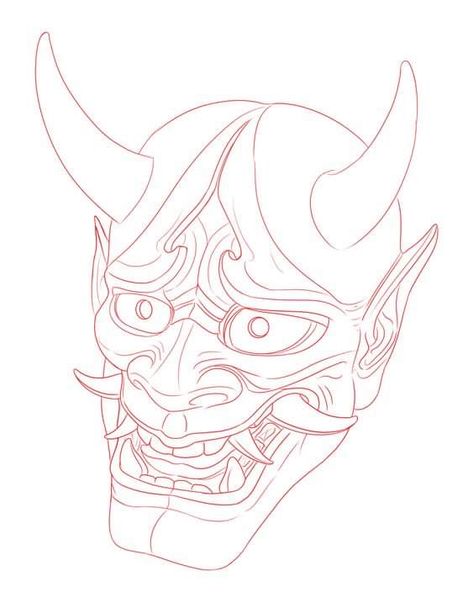 Oni Mask Drawing Simple, Hannya Mask Tattoo Stencil, Asian Mask Tattoo, Traditional Japanese Hannya Mask Tattoo, Oni Mask Tattoo Stencil, Oni Mask Outline, Hanya Mask Drawing, Japanese Tattoo Outline, Oni Mask Sketch