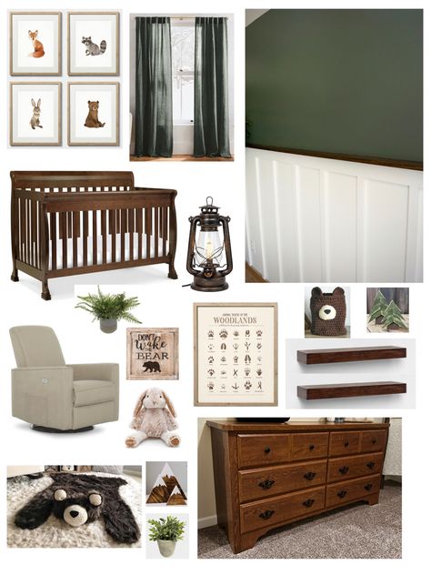 Dark Wood Nursery, Outdoor Themed Nursery, Gold Velvet Curtains, Themed Nursery Ideas, Nursery Dark Furniture, Woodsy Nursery, Wilderness Nursery, Green Nursery Boy, Baby Boy Nursery Woodland