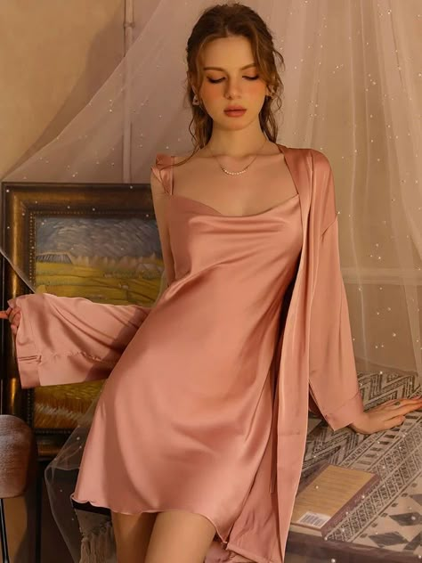 Sexy Ice Silk Night gowns Nightgown Set pink color robe Beautiful Night Dress, Silk Dress Nightwear, Satin Night Dress Nightwear, Cute Nighty Night Dress, Women Sleep Dress, Silk Dress Sleepwear, Night Gown With Robe, Silk Sleepwear Dress, Pajama Dress Nightgowns