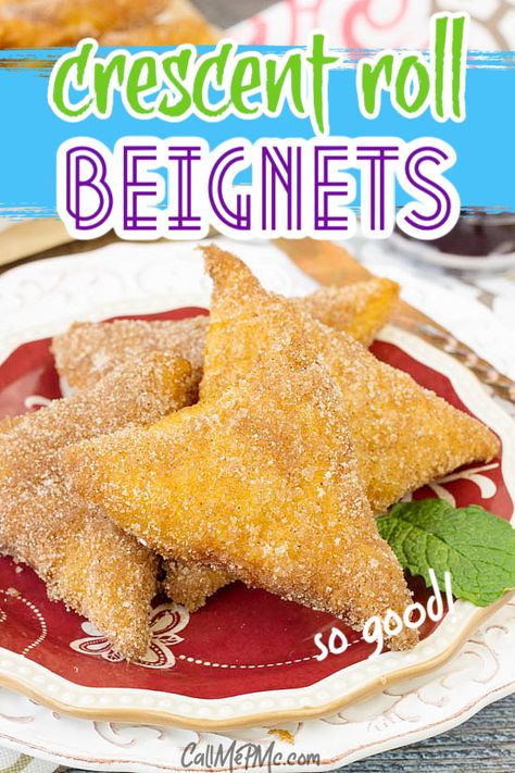 Crescent Roll Beignets are mouth-watering pillows of fried dough, smothered in cinnamon sugar. Breakfast doesn't get any simpler or better! #beignet #donut #homemade #recipe #breakfast #dessert Cronuts Recipe Easy Crescent Rolls, Beignet Recipe Easy, Crescent Sheet Recipes, Cresent Roll Desserts, Beignets Recipe Easy, Cinnamon Sugar Breakfast, Crescent Dough Sheet Recipes, Cinnamon Sugar Crescent Rolls, Crescent Desserts