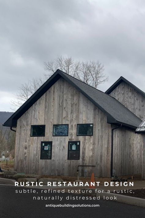 Get inspired for your next construction or renovation project with a natural grey board. The beauty of this wood is in its natural, weathered appearance. Perfect for both modern house exteriors and wooden wall design interiors, it provides the perfect balance of texture and weathered grey tones. Consider these design tips to achieve a rustic siding exterior. Dark Wood Siding Exterior, Natural Siding Exterior, Weathered Wood Siding Exterior, Horizontal Wood Siding Exterior, Aged Cedar Siding, Wood Grain Metal Siding, Barndominium Wood Siding, Big Houses Exterior, Woodtone Rustic Series Siding