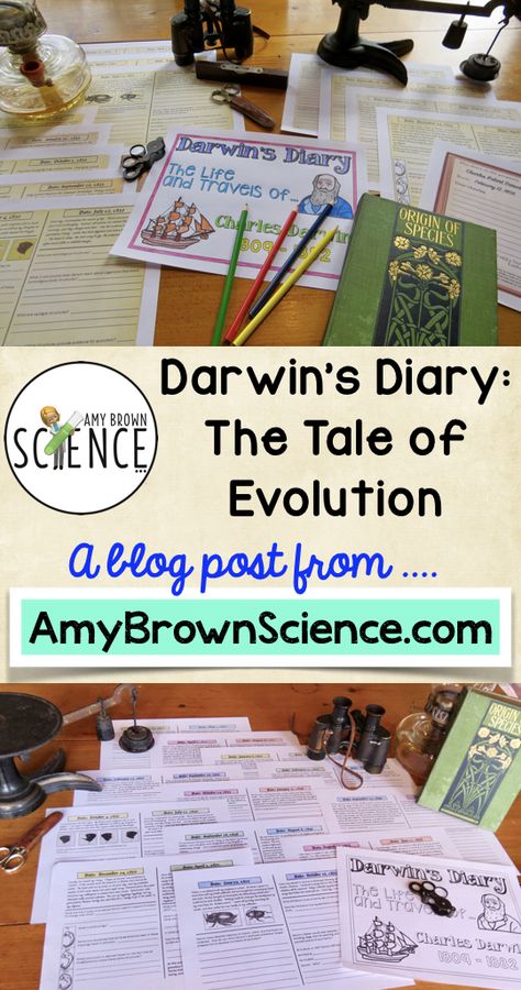 Darwin's Diary: The Tale of Evolution.  Blog post from AmyBrownScience.com.  A class project that requires my students to be thoughtful and introspective, while at the same time, ensuring that they master the concepts of evolution?  Yes, please! Evolution And Inheritance Year 6, Evolution Project High School, Evolution Activities, Evolution Project, Darwin Evolution, Darwin's Theory Of Evolution, Science Lessons Middle School, Teaching Secondary, Biology Classroom