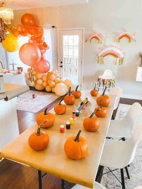 Pumpkin Paint Birthday Party, Pumpkin Painting Party Supplies, Fall Rainbow Birthday Party, Paint Your Own Pumpkin Party, Girly Fall Birthday Party, Pumpkin Painting Kids Party, Pumpkin Turns One Party, Pumpkin Decorating Party For Adults, Pumpkin Painting Birthday Party