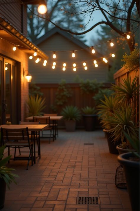 Industrial-style patio with overhead string lights and metal floor lamps Patio String Lights Ideas, Patio String Lights Ideas Backyards, How To Hang Outdoor String Lights, String Lights Backyard, Outdoor String Lighting Ideas, Backyard Patio Lighting, Patio Lighting Ideas, Unique Backyard, Chic Patio