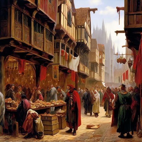 Medieval marketplaces brimming with characters of varied cla... by Nick Jordan - Playground Fantasy Marketplace, Medieval Marketplace, Medieval Theatre, Scotland Aesthetic, Ac Ideas, Medieval Village, Fantasy Images, Safe Haven, Create Art