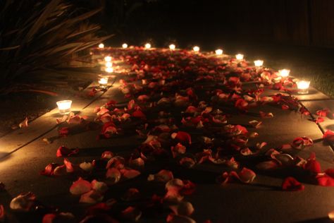 Nighttime walkway with candles & rose petals Candle Walkway, Romantic Date Night At Home, Rose Petal Candle, Summer Movie Night, Wedding Walkway, Proposal Candles, Date Night At Home, Romantic Candlelight, Romantic Date Night