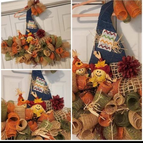 This Wreath Was Designed By Me It Features Beautiful Fall Colors In The Shape Of A Scarecrow Hat. It Also Has Different Embellishments That Accent This Piece For The Fall. It Is Sure To Have Your Guest Asking Question!! Holiday Door Wreaths, Scarecrow Hat, Pastel Wreath, Turkey Wreath, Wreath Inspiration, Fall Deco Mesh Wreath, Red Rose Wreath, Hat Wreath, Fall Deco Mesh