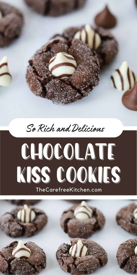 These Chocolate Kiss Cookies are soft, chewy, and a perfect addition to holiday cookie plates. They’re rolled in sugar, topped with a milk chocolate kiss and super easy to make. #thecarefreekitchen #cookies #chocolate #christmascookies #holidays #dessert #hersheyskiss #kisscookies Chocolate Kiss Cookies Christmas, Chocolate Kiss Cookies, Hershey Kiss Cookies, Peanut Butter Kiss Cookies, Kiss Cookies, Easy Sweets, Frozen Chocolate, Low Carb Chocolate, Kisses Chocolate