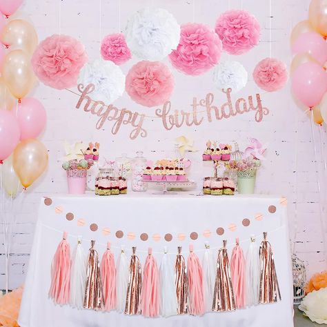 Set with Happy Birthday Banner, Tissue Paper Pompoms, Circle Dots Garland and Paper Tassels Garland for Birthday Party Decorations Women Girls Birthday Party Decorations Women, Tissue Paper Pompoms, Pink Birthday Party Decorations, Golden Birthday Parties, Paper Tassels, Pink Birthday Party, Golden Birthday, Tassel Garland, Happy Birthday Banner