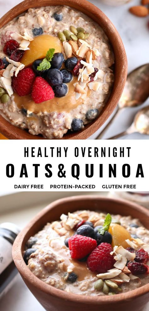 Breakfast just got easy with this no cook, vegan, overnight oats and quinoa recipe! It's vegan, super healthy, gluten free, and packed with protein! #glutenfree #overnightoats #dairyfree #vegan #breakfast Overnight Oats And Quinoa, Healthy Vegan Overnight Oats, Overnight Oats With Quinoa, Quinoa Oatmeal Breakfast, Quinoa Overnight Breakfast, Quinoa Overnight Oats, Overnight Grains, Puffed Quinoa Recipes, Overnight Quinoa Breakfast