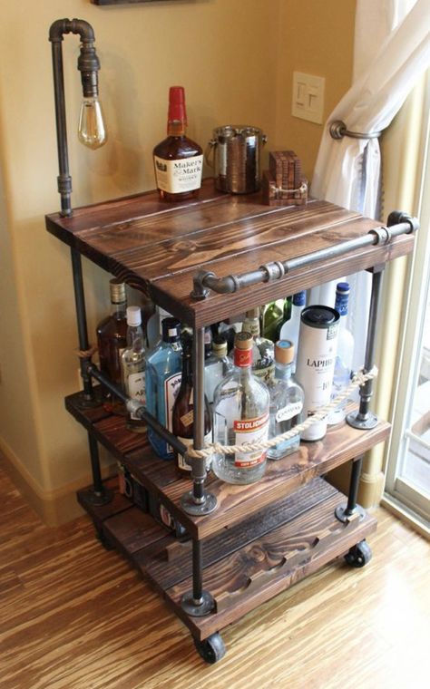 Rustic Bar Cart, Unique Bars, Lampe Industrial, Furniture Kitchen Island, Wine Cart, Bathroom Accessories Design, Industrial Interior Style, Rustic Bar, Whiskey Bar