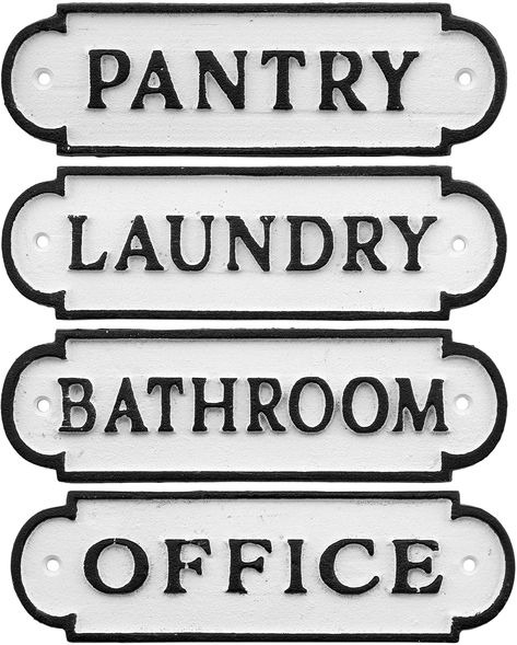 AmazonSmile: AuldHome Farmhouse Decor Metal Signs, Set of 4 Decorative Cast Iron Door Room Plaques with “Pantry”, “Office”, “Bathroom” and “Laundry”: Home & Kitchen Modern Farmhouse Living Room Furniture, Farmhouse Rustic Living Room, Powder Room Signs, Home Decor Ideas Farmhouse, Modern House Numbers Sign, Pantry Sign, Bathroom Pantry, Spice Holder, Office Pantry