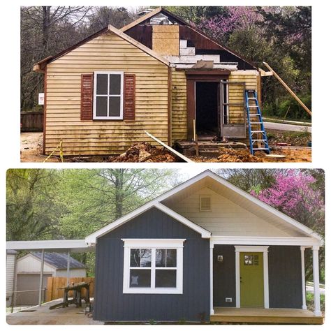 bathroom before and after, kitchen before and after, front porch addition, california casual, cottage, small kitchen, small bathroom remodel, small bathroom, board and batten siding, renovation Painted Siding Exterior Before And After, Dark Blue Board And Batten Siding, Navy Cottage Exterior, Dark Blue Cottage Exterior, Siding Before And After, New Siding On House Before And After, Dark Blue Board And Batten Exterior, Navy Blue Board And Batten Exterior, Brick And Batten Before And After