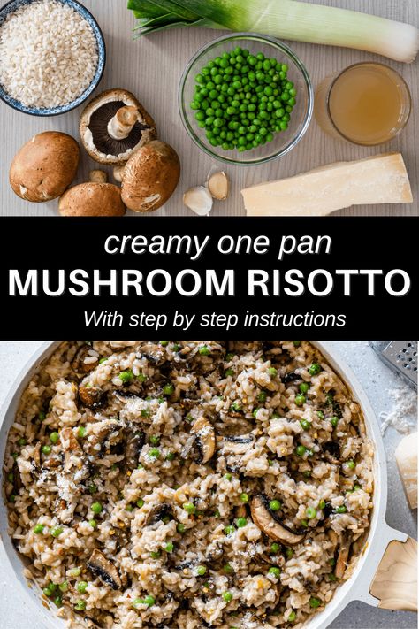 This Mushroom and Pea Risotto is an easy one-pan recipe. It's creamy, cozy and makes for the perfect weeknight family dinner Mushroom And Pea Risotto, Weeknight Family Dinner, Pea Risotto, Vegan Risotto, Pan Recipe, Risotto Rice, Plant Based Whole Foods, Mushroom Risotto, One Pan Meals