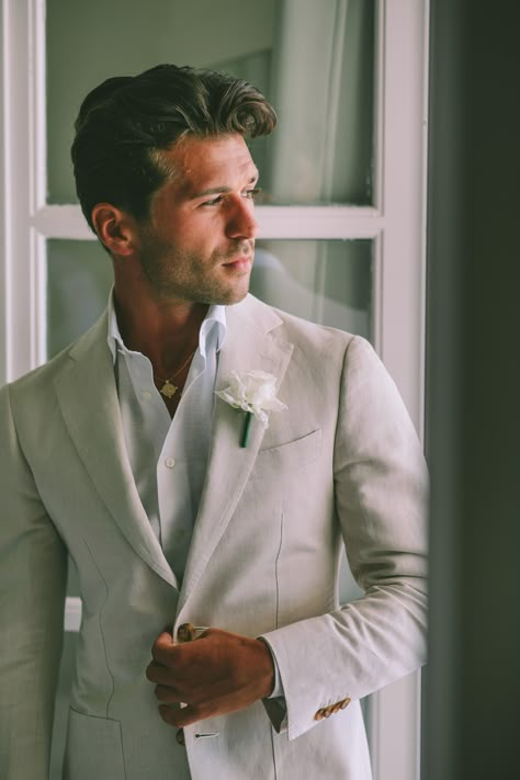 Groom Linen Suit Wedding Attire, Grooms Linen Suit, Light Suit Groom, Linen Suits For Groom, Mens Wedding Suits Abroad, Wedding Suit Inspiration, Greek Wedding Outfit Men, Wedding Suits Summer, Island Wedding Mens Attire