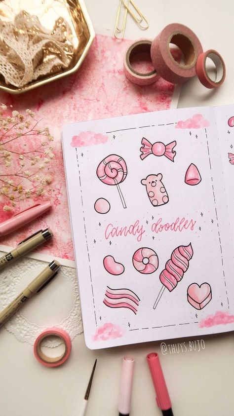 Candy Theme Bullet Journal, Candy Bujo Theme, Journal Asthetics, Doodle Candy, Candy Doodles, January Theme, Bujo Lettering, Bullet Journal 2023, Bujo Pages