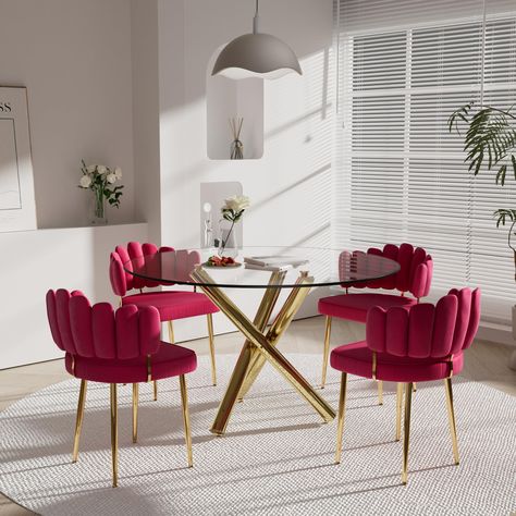 PRICES MAY VARY. [Modern Dining Table Set with Non-slip Mads] This mid century modern dining set includes 1 table and 4 chairs, and it is charming and suitable for all home styles. Plus, we always insist on high quality products. The plated metal frame matches the non-slip feet we use, which are durable and sturdy, so it must be an ideal furniture choice. [High Quality & Durable Chairs] This retro velvet dining chair is made of premium with no complicated design, but it is perfect for their plat Girly Dining Room, Circle Dining Room, Circle Dining Room Table, Circular Kitchen, Mid Century Modern Dining Set, Trendy Dining Room, Circle Dining Table, Round Glass Dining Table, Retro Dining Table