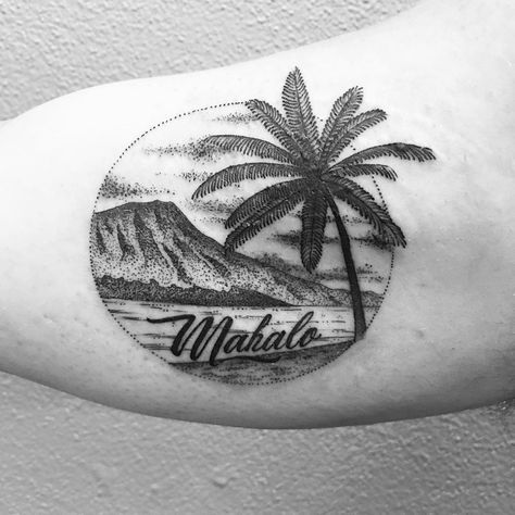 Palm Trees And Mountains Tattoo, Black And Grey Beach Tattoo, Wave And Palm Tree Tattoo Simple, Hawaiin Tattoo, Hawaii Landscape Tattoo, Hawaii Tattoo Ideas, Small Palm Tree And Wave Tattoo, Beach Theme Tattoos, Diamond Head Hawaii