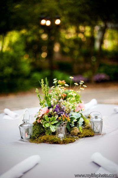 Wild Flower Round Table, Meadow Flower Wedding Table, Meadow Top Table Wedding, Moss Centerpiece Wedding, Wedding Top Table Wild Flowers, Top Table Meadow Flowers, Storybook Gardens, Moss Centerpieces, Vintage Garden Parties