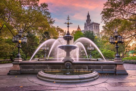 New York, USA at City Hall Park Fountain by SeanPavonePhoto. New York, USA at City Hall Park Fountain in the morning time. #Sponsored #City, #Hall, #York, #USA Fountain Reference, Park Fountain, Fountain Park, Fountain City, Model Life, Night Aesthetic, Water Fountain, Metropolis, City Hall