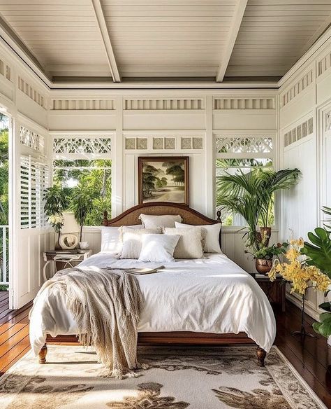 British Colonial Island Style, Queenslander Home Interior, Small Tropical House Interior, British Colonial Decor West Indies Tropical Style, Florida Guest Bedroom Ideas, Louisiana Interior Design, Florida Keys Decor Interior Design, British Colonial House Exterior, French Polynesian Decor