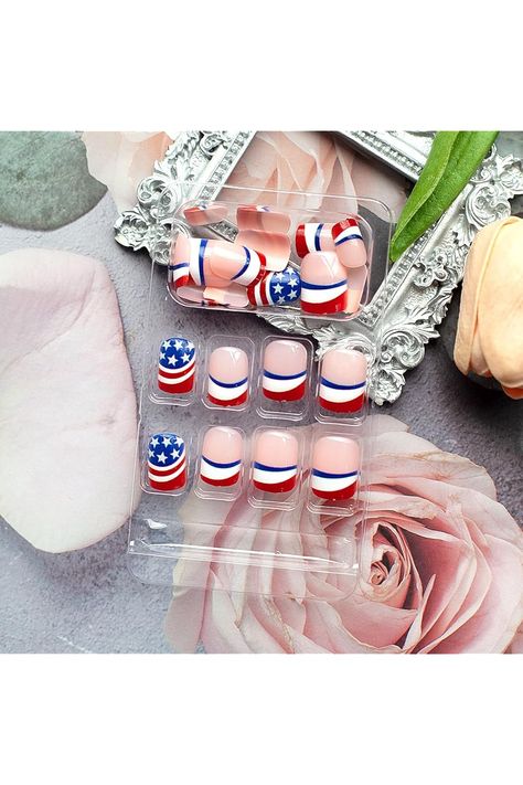 Short Square Press on Nails Red Blue and White Fake Nails French Tips Acrylic Nails Patriotic False Nails with Stripes and Stars Design Glue on Nails Glossy Artificial Stick on Nails for Women 24PCS Nails Patriotic, Nails Glossy, Stars Design, French Tip Acrylic Nails, Striped Nails, Nails Red, Nails French, French Tips, Stick On Nails