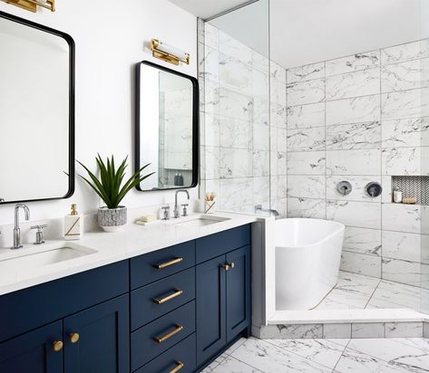 Bathroom With Blue Cabinets Master Bath, Blue Cabinets Bathroom Ideas, Half Bathroom Tile Ideas, Blue Cabinet Bathroom, Blue Cabinets Bathroom, Bathroom With Blue Vanity, Bathroom Blue Vanity, Blue Vanity Bathroom Ideas, Blue Bathroom Cabinets