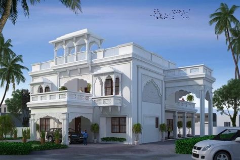 Haveli Design Houses, Haveli Design, Indian House Exterior Design, Indian House Design, Modern Restaurant Design, Woodland House, Bungalow Style House Plans, House Outer Design, Edc Bag