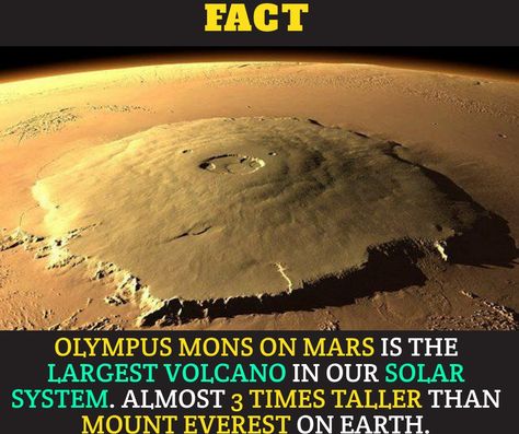 #Fact : Olympus Mons on Mars is the Largest Volcano in our Solar System. Almost 3 times taller than Mount Everest on #earth   #mountain #MountEverest #OlympusMons #Mars #solarsystem  #volcano Mars Pictures, Olympus Mons, Mars Surface, Monte Everest, Mars Planet, Mars Exploration, Mission To Mars, Family Ties, Our Solar System