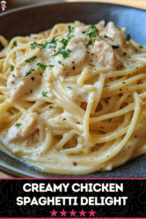 Indulge in rich and creamy chicken spaghetti, a comforting meal of succulent chicken, perfectly cooked spaghetti, and a luxurious sauce that brings everything together. #CreamyDelight #ChickenDinner #PastaLovers Chicken Spaghetti Bolognese, Creamy Spaghetti Casserole, Crockpot Creamy Cheesy Chicken Spaghetti, Chicken Spaghetti Cream Of Chicken, Chicken Spaghetti With Cream Of Mushroom, The Best Chicken Spaghetti, Spaghetti Chicken Parmesan, Hotel Chicken Spaghetti, White Chicken Spaghetti Recipe