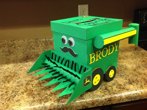 Valentines Box For Toddler Boy, Combine Valentine Box Ideas, Tractor Valentines Boxes, Excavator Valentines Boxes, Barn Valentine Box Ideas, Valentine’s Box Ideas For Boys, Farm Valentines Box Ideas, Tractor Valentine Box Ideas, Combine Costume