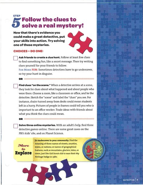 Step 5-Detective Badge Elementary Detective Activities, Classroom Detective Activity, Junior Detective Badge, Secret Agent Badge Printable Free, Junior Detective Badge Requirements, Girl Scout Badges Requirements, Junior Detective, Junior Girl Scout Badges, Girl Scout Meeting Ideas