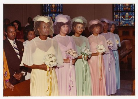 1970's pastel rainbow bridesmaid dresses 1960s Wedding Dresses, Pastel Bridesmaids, 1960s Wedding, Veiled Hats, Mermaid Sweetheart, Black Bridesmaids, Bridesmaid Gowns, Dress History, Vintage Wedding Photos