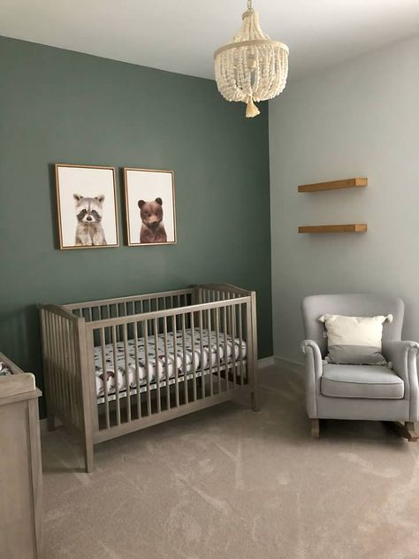 Green Nursery Gray Crib, Forest Green Baby Nursery, Forest Green Nursery Boy, Forest Green Nursery, Grey Crib Nursery, Whimsical Woodland Nursery, Green Nursery Girl, Nursery Room Colors, Green Baby Nursery