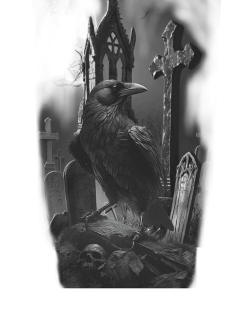 Dark Crow Tattoo, Crow Arm Tattoo, Good Vs Evil Tattoo Sleeve, Cemetery Tattoo Design, Evil Tattoo Sleeve, Crow Graveyard, Dark Cover Up Tattoos, Good Vs Evil Tattoo, Raven Tattoo Design