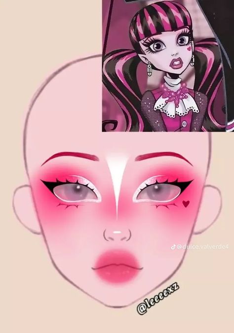 Holloween Costume Ideas Monster High, Draculaura Makeup Ideas, Makeup Looks Template, Draculaura Inspired Makeup, Monster High Draculaura Makeup, Draculaura Makeup Inspiration, Monster High Inspired Makeup, Pre Shower Makeup Ideas, Character Makeup Looks