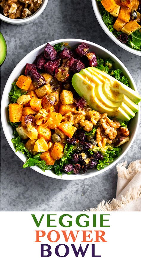 Easy veggie power bowl loaded with butternut squash, beets, parsnips, kale, avocado, walnuts, and dried cranberries and then tossed with a flavorful tahini dressing. Loaded with healthy fats, carbs, and fiber this vegan power bowl is gluten free, vegan, paleo, and customizable to your liking! - Eat the Gains Vegan Power Bowl, Gains Recipes, Pegan Diet, Clean Lunch, Best Tuna Salad Recipe, Pegan Recipes, Special Diet Recipes, Ww Food, Power Bowl