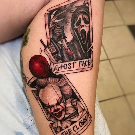 51 Horror Movie Tattoos From Slasher Scenes to Scream - Tattoo Glee Scary Horror Tattoos, Tattoo Ideas Scary Movies, Slasher Movie Tattoo, Horror Sleeve Tattoo Ideas, Scream Tattoo Leg, Horror Tattoo Women, Halloween Tattoos Sleeve Horror Movies, Creep Show Tattoo, Horror Movie Leg Tattoos