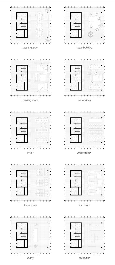 Flexible Apartment Architecture, Flexible Spaces In Architecture, Share Office Space Ideas, Flexible Architecture Spaces, Flexible Working Space, Small Office Building Plan, Architecture Studio Design Office, Flexible Space Architecture, Flexible Office Design