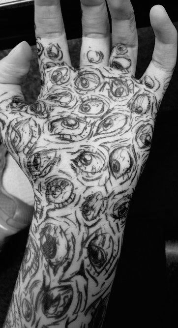 Eye Arm Tattoo Sleeve, Tattoo Designs Eye, Dripping Eyes Tattoo, Eyes All Over Body Art, Trippy Eyeball Tattoo, Eyes On Clothes, Black And White Patchwork Sleeve Tattoo, Creepy Finger Tattoos, Eyes Hand Tattoo