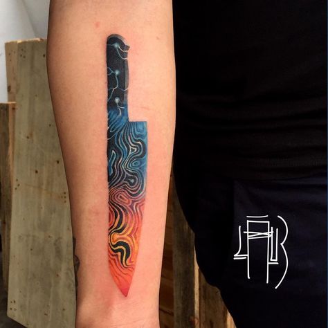 Alexey____🖌 (@leshalauz) on Instagram: «🔪DAMASCUS KNIFE🔥 done at @bubblegumtattooworkshop  #lau3 #lauz #leshalauz #imagedamage #hk…» Cooking Tattoo, Culinary Tattoos, Chef Tattoo, Food Tattoos, Knife Tattoo, Fish Tattoo, Japanese Sleeve Tattoos, Japanese Tattoo Designs, Tattoo Meaning