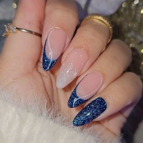 Royal Blue Nails Designs Simple, Blue Nails Ideas Prom, Royal Blue Ombre Nails Glitter, Dark Blue Press On Nails, Blue Prom Nails Coffin, Nails Acrylic Almond Dark Blue, Simple Blue And Silver Nails, Dark Blue Nails With Silver Glitter, Navy Blue Nails With Sparkles