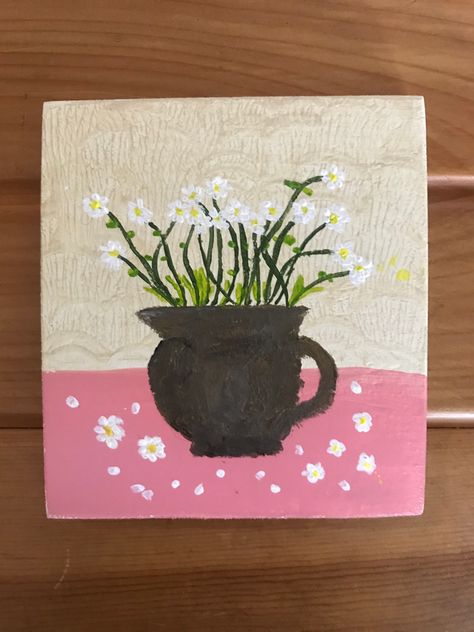 Acrylic on cedar wood. Kirby, Painting On Wood, Flower Painting, Decorative Tray, Acrylic Painting, Wood, Drawings, Flowers, Home Decor