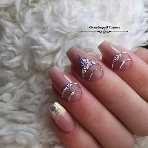 Almond Nails With Gems Rhinestones, Nail Diamond Placement Ideas, Neutral Nails With Rhinestones, Gem Stone Nails, Nails Strass, Strass Nails, Winning Money, Caviar Nails, Bling Nail Art