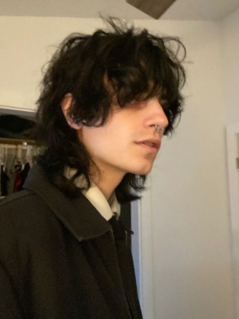 Mens Auburn Hair, Masc Long Haircut, Shaggy Guy Hair, Men’s Wolfcut Long, Black Shaggy Hair Men, Straight Shaggy Mullet, Goth Mullet Men, Shaggy Black Hair Men, Masculine Shag Hair