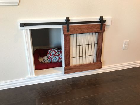 Dog Kennel Under Stairs, Bed Under Stairs, Dog Under Stairs, Door Under Stairs, Under Stairs Dog House, Kennel Cover, Dog Kennel Cover, Stair Makeover, Pet Spaces