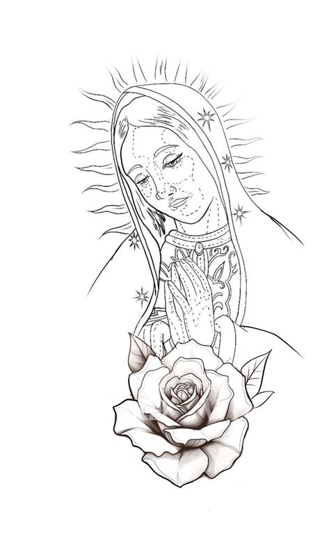 Virgin Mary Outline Tattoo, Virgin Mary Tattoo Stencil, Virgin Mary Tattoo Design, Virgin Mary Drawing, Mary Tattoos, Jesus Christ Tattoo, 2024 Tattoo, Virgin Mary Tattoo, Mexican Tattoo